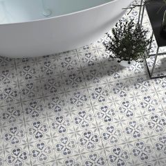 Casablanca Patterned Tiles pictured on a bathroom floor with free standing bath