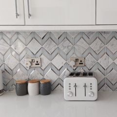 Mystique grey and silver diamond mosaic tiles in a kitchen splashback_Linda Whiting.2