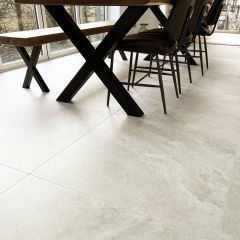 Prado 900x900mm large format kitchen floor tiles in an open-plan living area.