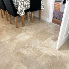 Tuscany crema modular porcelain tiles pictured in a kitchen dining room setting