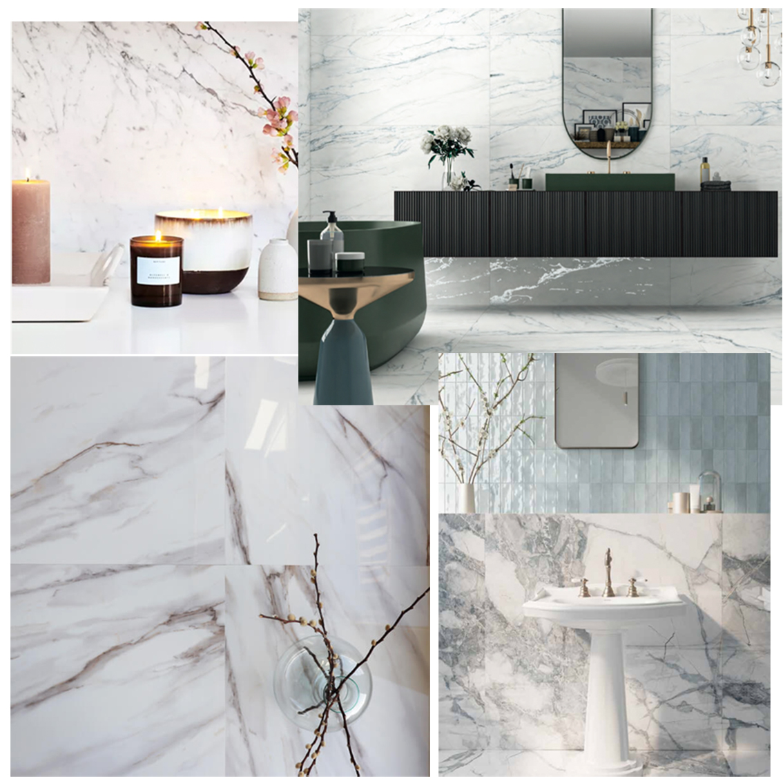 mood-board showing trending bold marble bathroom tiles 