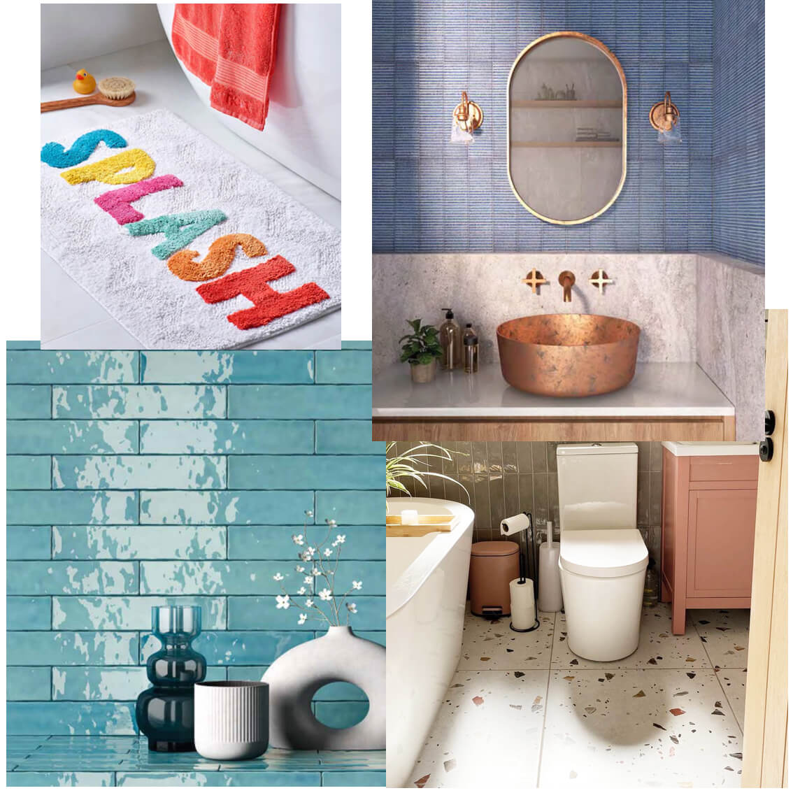 mood board showing colourful bathroom tiles - including brick wall tiles and mosaics